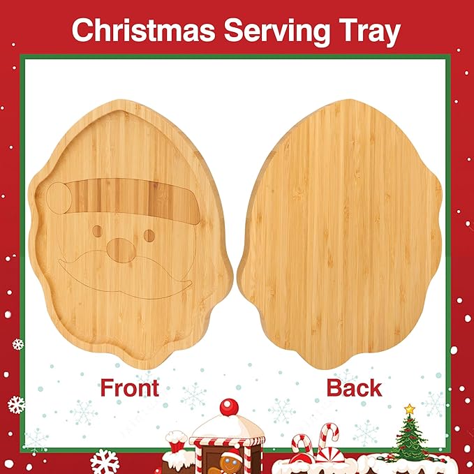 Christmas Serving Tray, Santa Claus Shape Charcuterie Board, Bamboo Serving Platter Dish for Holiday Party Food Tray for Cheese Snack Fruit 10 x 8.7 x 0.6 Inches
