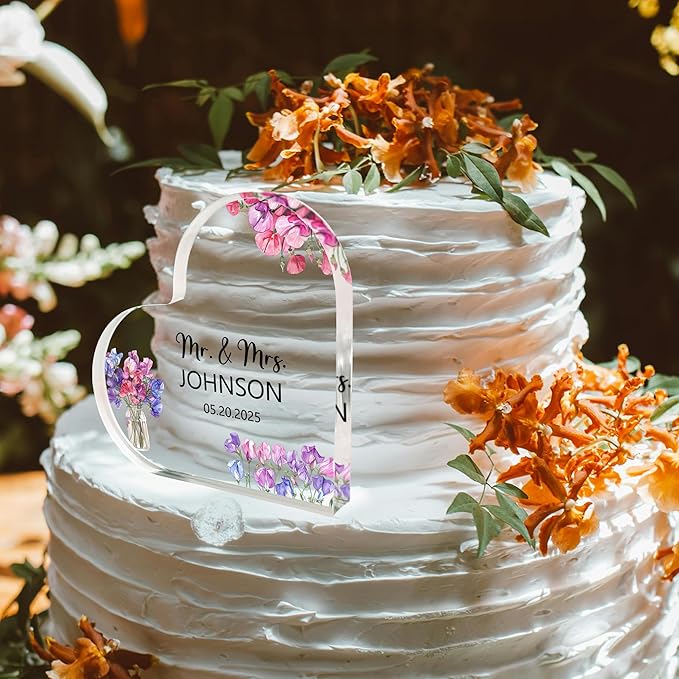 Custom Wedding Heart Acrylic Plaque,Mr & Mrs Cake Topper,Personalized Wedding Keepsake/Gift/Sign (Style 12)
