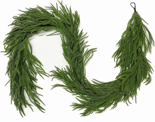 9FT Christmas Garland Norfolk Pine Garland Real Touch Artificial Greenery Garland for Mantle Fireplace Table Indoor Outdoor Holiday Decortions (Dark Green)