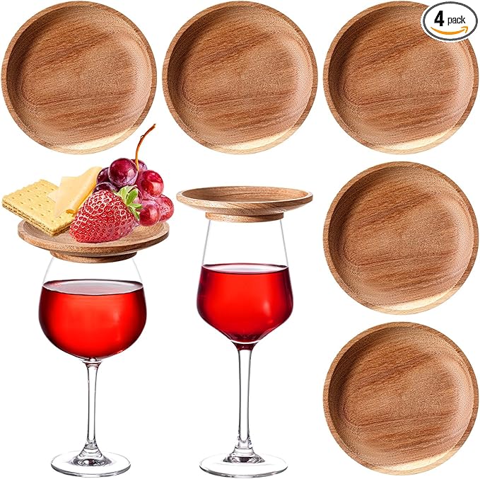 Mumufy 4 Pcs 4" Acacia Wood Wine Glass Charcuterie Topper Wine Glass Topper Charcuterie Plate Mini Charcuterie Board for Christmas Party Family Gatherings Bars Restaurants