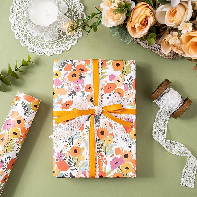 WRAPAHOLIC Kraft Floral Wrapping Paper Roll - Mini Roll - 17 Inch x 33 Feet - Bright Summer Flower Wrapping Paper, Perfect for Wedding, Birthday, Bridal Shower, Tea Party