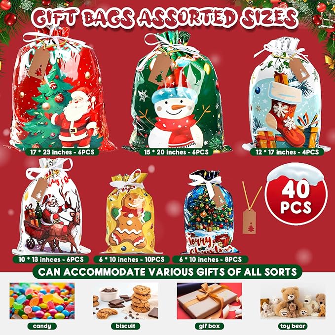 AURUZA 40Packs Christmas Drawstring Gift Bags - Assorted Sizes from Small to Jumbo, with Colorful Designs & Tags, deal for Holiday Wrapping & Decorations Party Favors