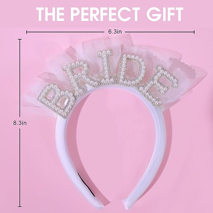 Pearl Veil Bride Headband, White Satin Hairband with 'BRIDE' Decorated by Pearl and Rhinestone, Bridal Hairband for Bachelorette Party Decorations, Women's Hair Accessory