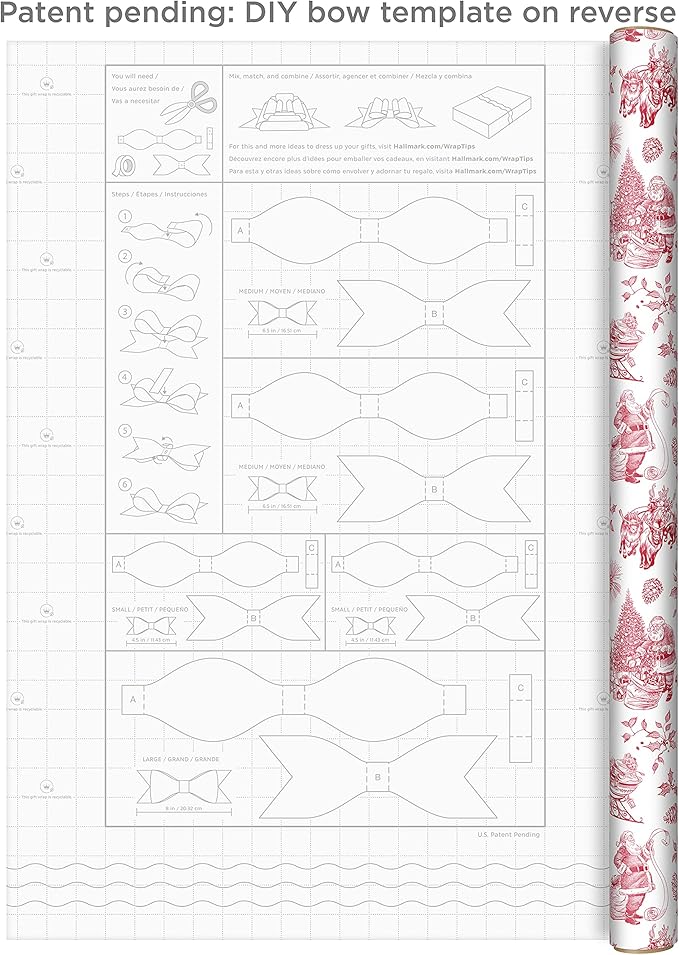 Hallmark Holiday Plaid Wrapping Paper with Cutlines and Optional DIY Bow Templates on Reverse (3-Pack: 120 Sq. Ft. Ttl) Red Toile, Black Buffalo Check, Plaid for Christmas, Birthdays, Weddings, Crafts