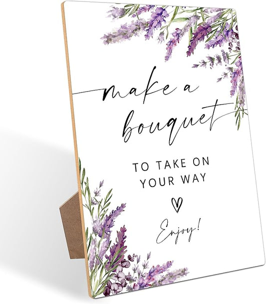 Bouquet Making Sign, Lavender Bridal Shower Decorations, Wedding Reception Table Decorations, Engagement Decor, Purple Floral Wooden Sign with Stand for Wedding Reception And Bridal Party Decor, 19