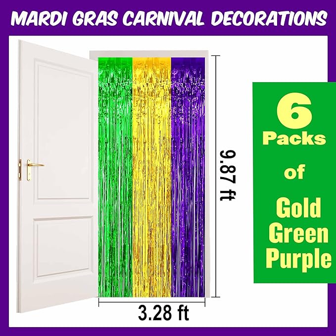 6 Pack Gold Green Purple Foil Fringe Curtains Backdrop, 3.28 x 9.8 Ft Metallic Streamers Tinsel Curtains Background for Photo Booth, Birthday, Halloween, Christmas, New Year Party Decorations