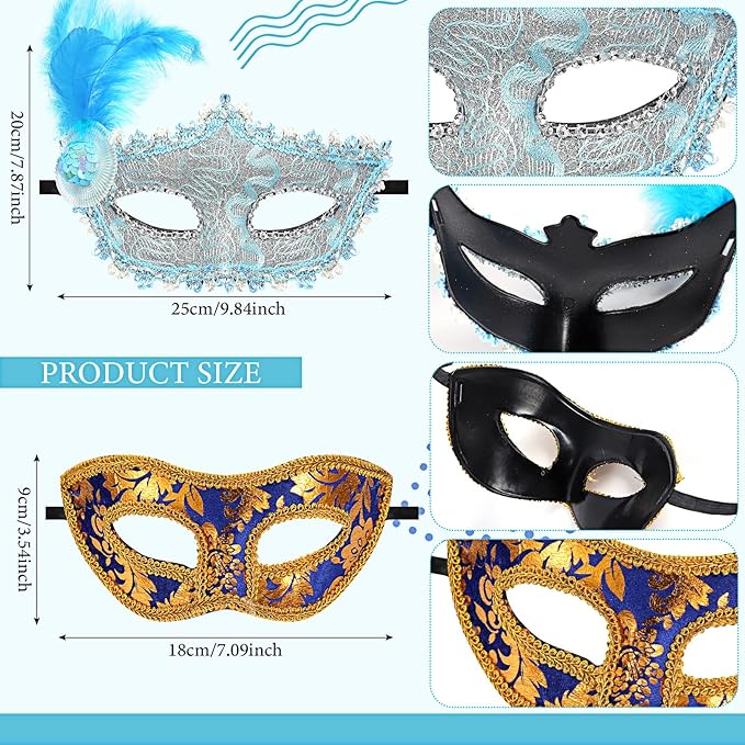 Sratte Couple Masquerade Mask with Feather Flower Unisex Half Face Venetian Mask for Mardi Gras Party