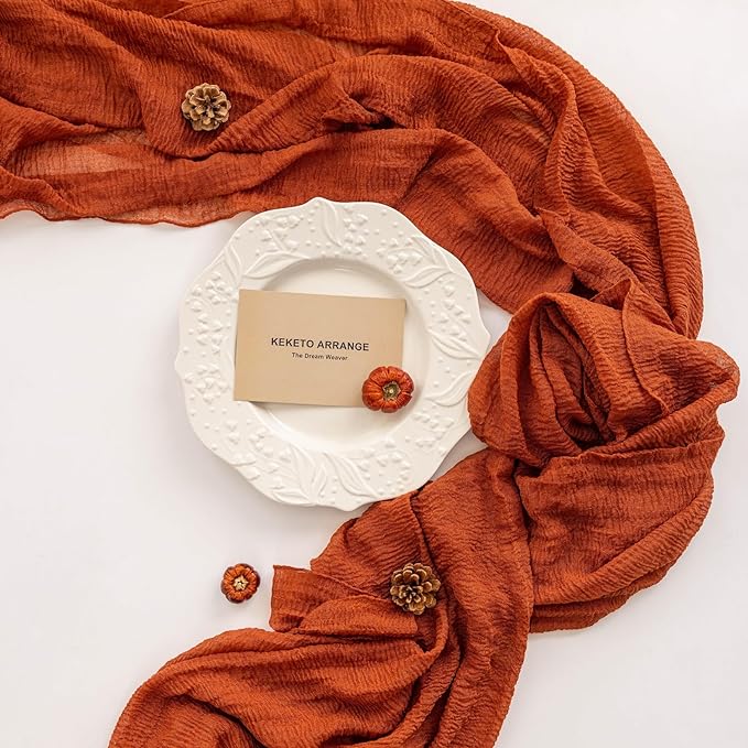 3pcs Fall Terracotta Table Runner Rust Gauze Rustic Cheesecloth 120 Inch 10 FT for Wedding Baby Shower Bridal Shower Birthday Engagement Garden Party Sheer Boho Thanksgiving Decorations