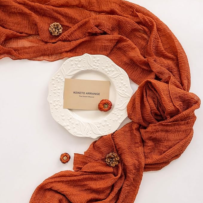 Thanksgiving Fall Table Runner Terracotta Gauze 120 Inch 10 FT Rustic Burnt Orange Sheer Cheese Cloth for Bridal Shower Friendsgiving Party Centerpiece Decor Fall Decorations for Home