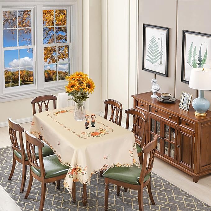 Simhomsen Large Embroidered Beige Fall Autumn Harvest Pumpkins Tablecloth for Thanksgiving (Rectangle 57×100 inches)