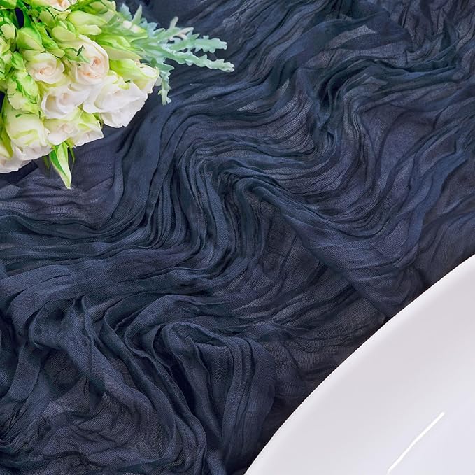 12 Pack Boho Gauze Cheesecloth Long Rustic Sheer Table Runner for Wedding Bridal Baby Shower Birthday Party Cake Table Arbor Decorations (Navy Blue)