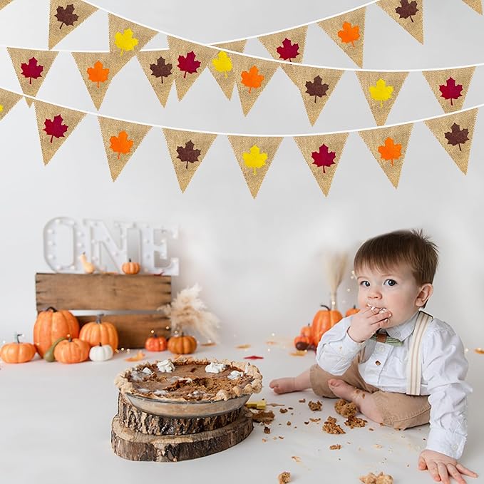 24Ft Fall Burlap Banner Fall Maple Leaves Burlap Pennant Triangle Flag Garland Streamers Vintage Fireplace Wall Hanging for Fall Party Decorations Happy Fall Day Rustic Autumn Birthday Decorations