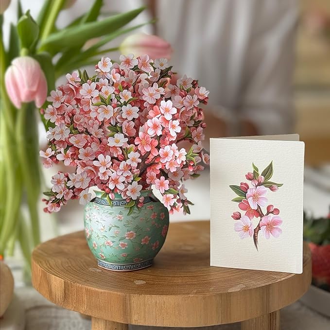 Freshcut Paper Pop Up Cards, Mini Cherry Blossoms, 6 Inch Mini Sized Forever Flower Bouquet 3D Popup Greeting Cards, Birthday Cards, Valentine's Day Card, Blank Notecard & Envelope