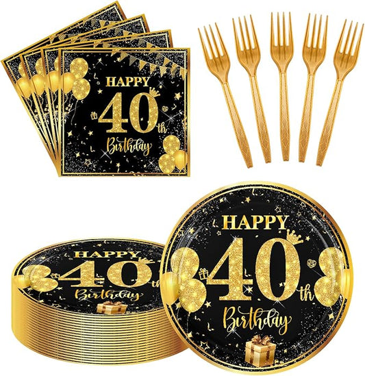 40th 7 inch Birthday Party Paper Plates and Napkins Forks 60 pcs Black Gold Decorations for Boys Girls Tableware Set for Birthday Anniversary Party Supplies,Serve 20