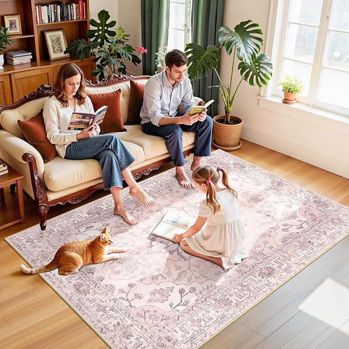 Area Rugs 5'x7' Washable Non-Slip, Floral Vintage Distress Print Pattern Medallion Carpet for Living Room Bedroom Dining Room, Pink Greypink Cute