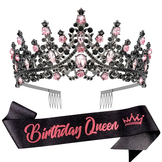 VELSCRUN Pink-Black Crystal Tiara Crown for Women Girls with Birthday Sash Elegant Princess Crown and Combs Hair Accessories Happy Birthday Party Decorations