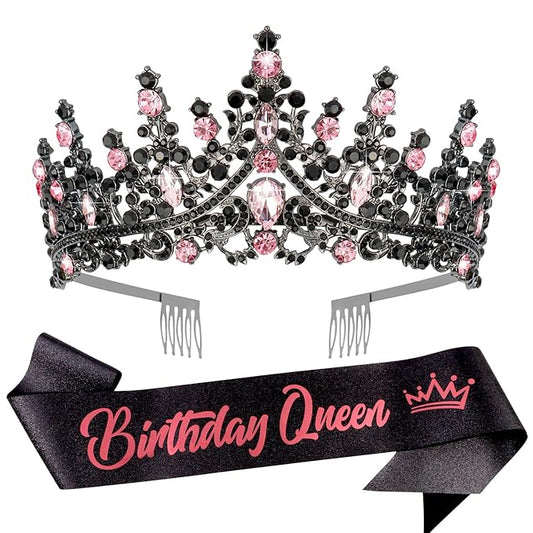 VELSCRUN Pink-Black Crystal Tiara Crown for Women Girls with Birthday Sash Elegant Princess Crown and Combs Hair Accessories Happy Birthday Party Decorations