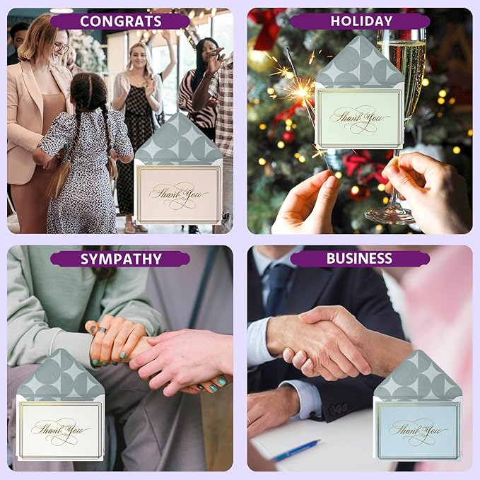 ukee's 100-Pack Luxury Thank You Cards with Envelopes Bulk - Blank Thank You Cards | Dual Gold Foil Calligraphy & Borders, 4 Colors w/Gift Box For Wedding Notes/Small Business/Baby & Bridal Shower, 3.5x5 Inches