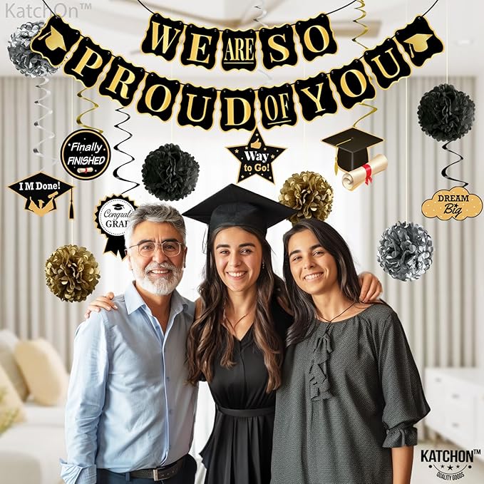 KatchOn, Black and Gold Graduation Party Decorations 2025 - Pack of 34 | We Are So Proud of You Banner | Grad Hanging Swirls with Pomp Poms for 2025 Grad | Graduation Decorations 2025