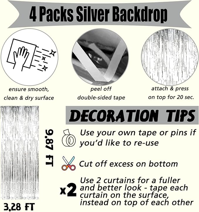 4 Pack Silver Fringe Curtain Backdrop, 3.2Ft x 9.8Ft Metallic Tinsel Foil Fringe Streamers Background for Photo Booth Birthday Wedding Baby Shower Carnival Easter Mother’s Day Party Decorations