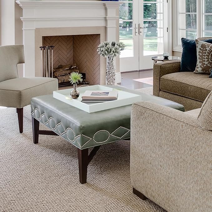 HofferRuffer Faux Leather Decorative Serving Tray, Elegant Coffee Table Ottoman Tray, Breakfast, Drinks, Liquor Serving Platter, White Croco Finish with Gold Hardware Handle (Square)