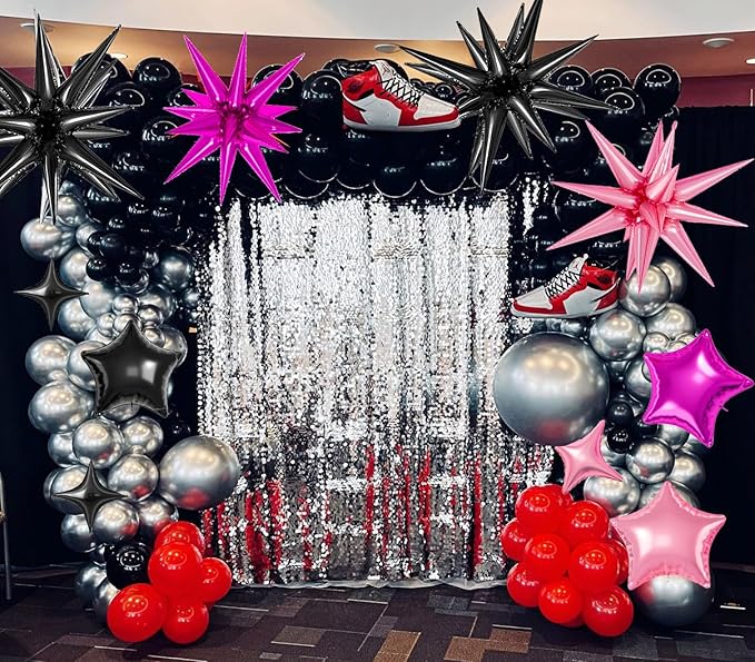 21 Pcs Star Balloons,22/18/10 Inch Star Foil Mylar Balloon,Spike Balloon and Four Pointed Balloons for Party Supplies Christmas Birthday Wedding Photo Booth (Black Pink Hot Pink)