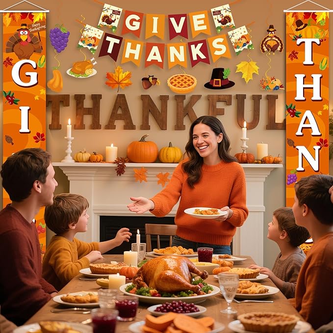 Thanksgiving Decorations Pre-Assembled GIVE THANKS Banner Hanging Swirls Porch Door Sign for Fall friendsgiving Party Home Office Classroom School Indoor outdoor Decor