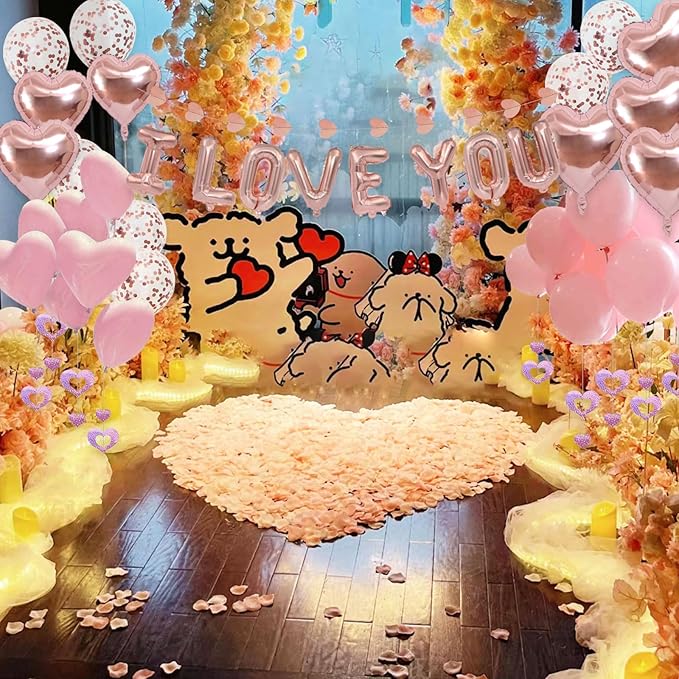 Valentine's Day Decorations 2 Set Rose Gold I LOVE YOU Balloons - 1200pcs Pink Artificial Rose Petals 16" Letter Balloons 18" Heart Foil Latex balloons 10 heart balloons Hanging Swirls Heart Banner