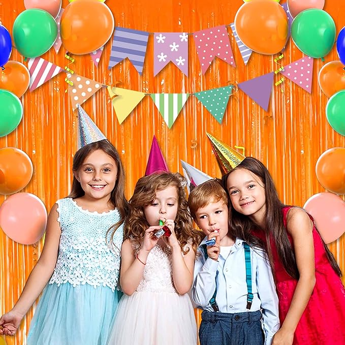 6 Pack Macaron Orange Foil Fringe Curtains Backdrop, 3.28 x 9.8 Ft Metallic Streamers Tinsel Curtains Background for Photo Booth, Birthday, Halloween, Christmas, New Year Party Decorations