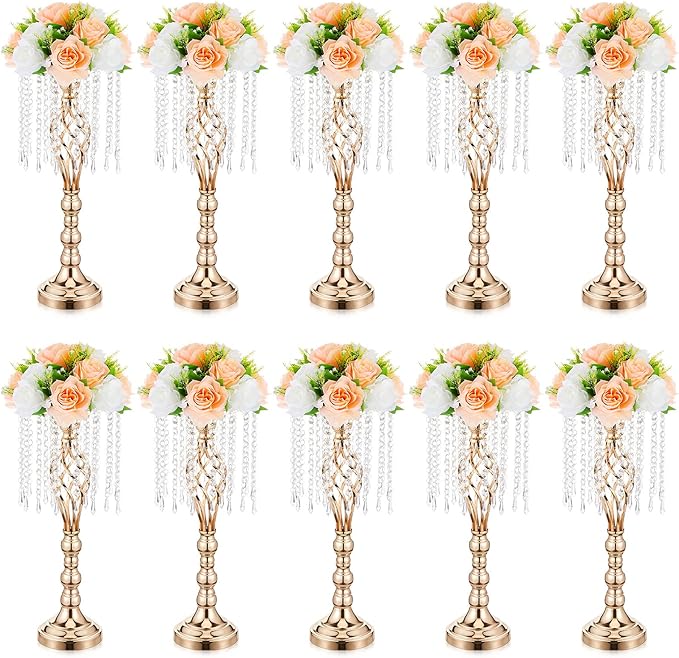 Amylove 10 Pcs Wedding Centerpieces Tall Vases - 21.7 Inch Gold Crystal Geometric Flower Stand, Elegant Table Decor for Wedding Reception, Party, Banquet, Hotel Decorations