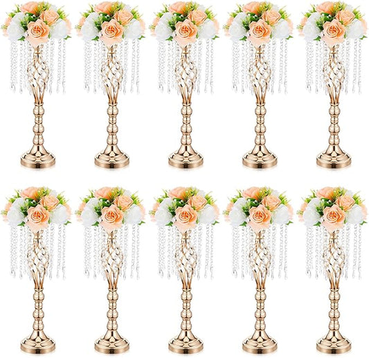 Amylove 10 Pcs Wedding Centerpieces Tall Vases - 21.7 Inch Gold Crystal Geometric Flower Stand, Elegant Table Decor for Wedding Reception, Party, Banquet, Hotel Decorations