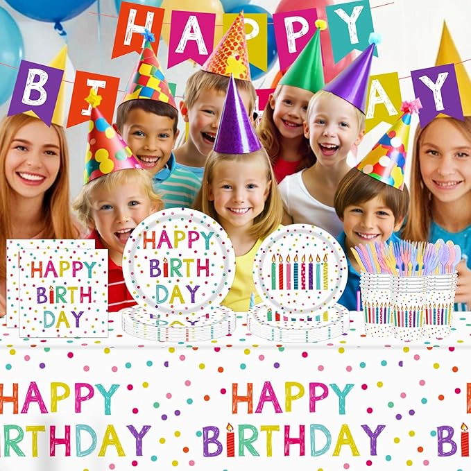 142pcs Happy Birthday Party Supplies Set with Colorful Polka Dots Design- Includes Disposable Paper Birthday Plates and Napkins, Cups, Tablecloth, and Banner，Dots Party Supplies Serves 20 Guests