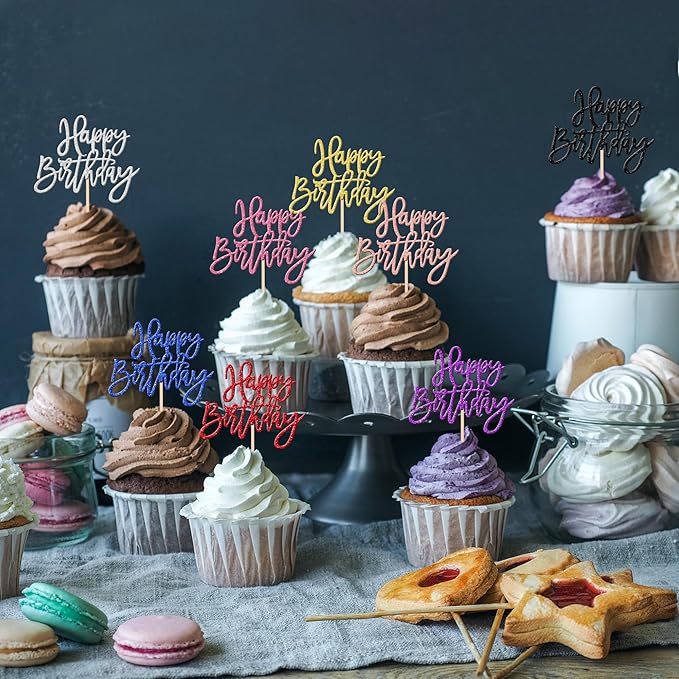 24 PCS Happy Birthday Cupcake Toppers Glitter Picks for Celebrating Party Decorations Anniversary Theme Cake Supplies Multi