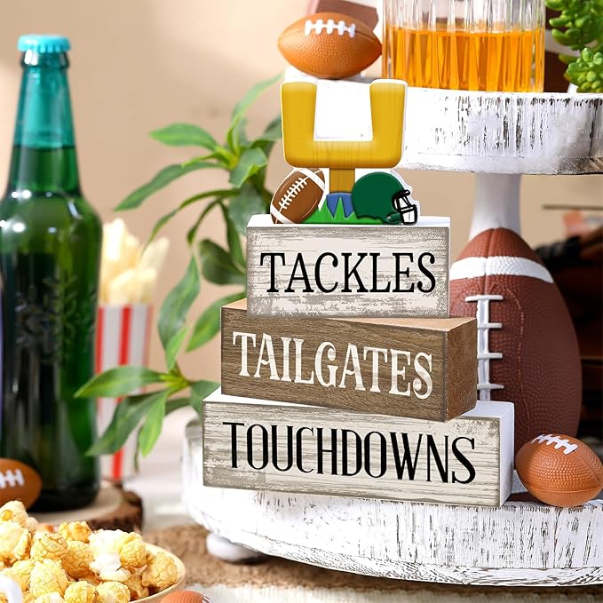 4 Pcs Football Table Decorations Football Tiered Tray Decor Sport Game Centerpiece Sign Decorative Rugby Stack Block Gift for Fans Club Tailgate Birthday Party Table Shelf Fireplace Decor