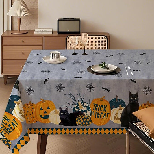 Halloween Waterproof Tablecloth – Spooky Pumpkin, Black Cat, Bat & Spider Web Design – Gray Holiday Table Cover for Party, Dining, and Home Decor, W60 x L144 in