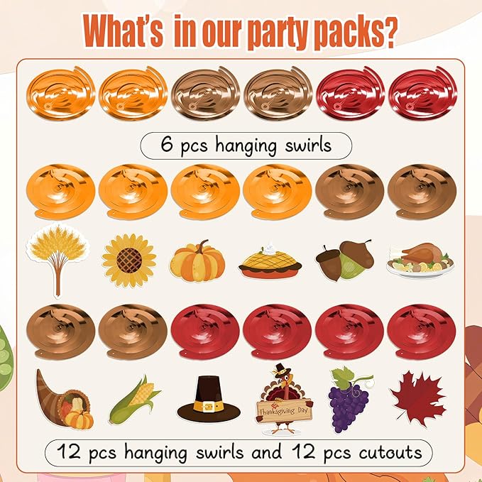 30pcs Thanksgiving Hanging Swirls, Thanksgiving Ceiling Hanging Decorations Turkey Pumpkin Acorn Ceiling Streamers for Give Thanks Classroom Friendsgiving Party Supplies