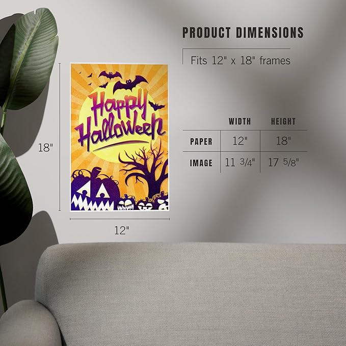 Lantern Press 12x18 Inch Art Print Wall Decor, Happy Halloween, Bats and Pumpkins