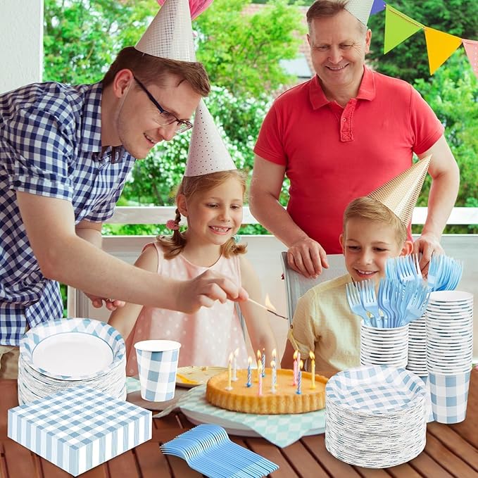 Blue Gingham Plates and Napkins Party Supplies, Blue and White Disposable Tableware Set, Checkered Plaid Paper Plates for Birthday Family Dinner Picnic Barbecue Baby Shower Decor Serves 25