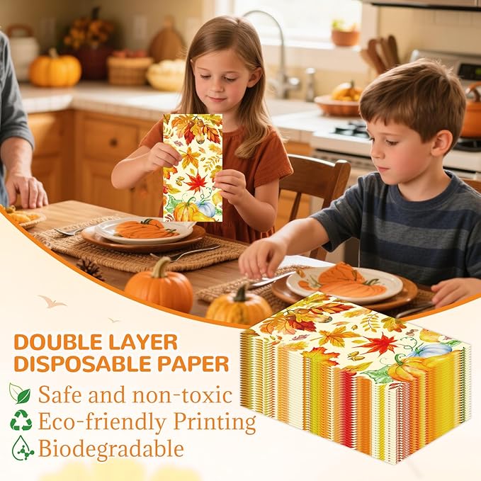 100 Pack Fall Paper Napkins, Autumn Maple Leaves Pumpkin Dinner Party Napkins Disposable Guest Paper Hand Towels Party Supplies for Fall Thanksgiving Harvest Home Dinner Table Bathroom