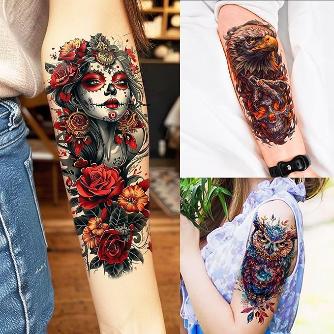 71 Sheets Dead Skull Temporary Tattoos For Women Men Adults, Old School Halloween Fake Tattoo Stickers Tiger Wolf Lion Dragon Flowers, Temp Punk Gothic Chicano Carp Skeleton Tattoo Indian Eagle Floral