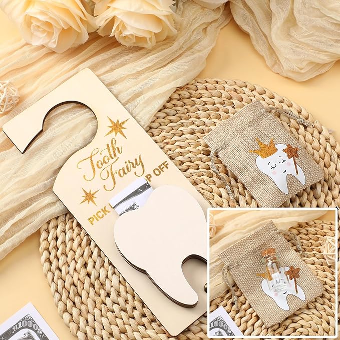 Tooth Fairy Holder Bag Hanger with Money Slot Keepsake Bottle Velvet Pouch Tooth Fairy Box Encourage Gift for Lost Teeth Boy Girl Milk(Classic,Light Brown)