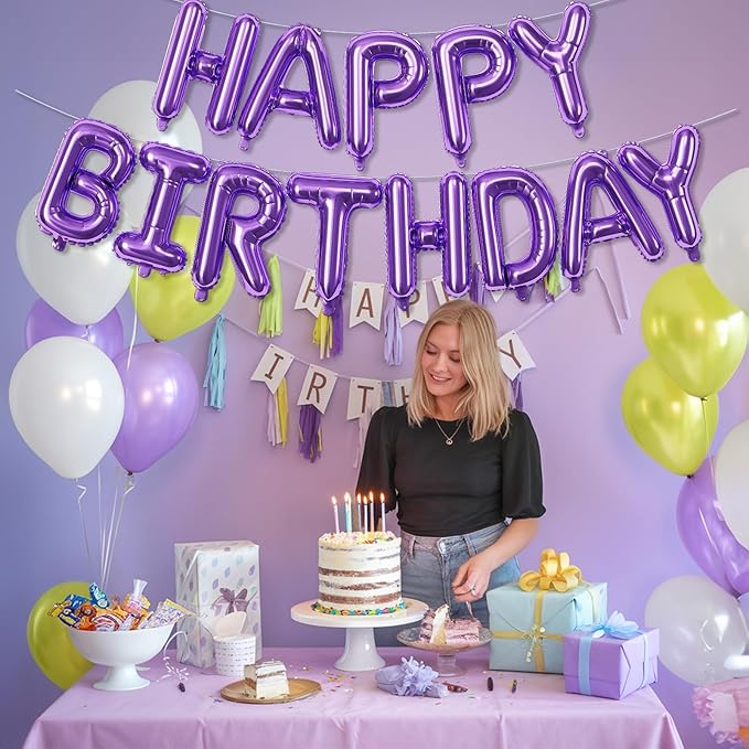 Purple Happy Birthday Balloon Banner, 16 Inch Lilac Happy Birthday Bunting Banner with Letter Foil Balloons for Girl Women Princess Galaxy Magic Witch Glam Theme Birthday Party Decorations Supplies