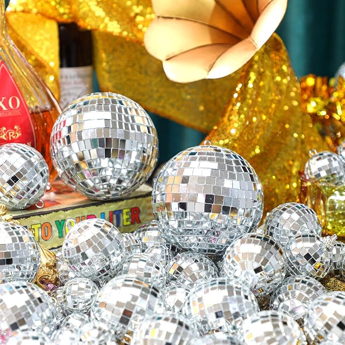 65 Pcs Disco Balls Decorations Assorted Size Disco Ball Ornament Reflective Hanging Mirror Ball Mini Large Silver Balls for Christmas Party Wedding Dance Ballroom Stage(4/2.4/2/ 1.6/1.2 in)