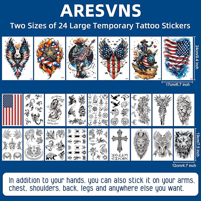 Aresvns 24 Sheets Temporary Tattoo for Adults and kids,USA Eagle and Flag Device, 3D Military Lion Wolf Skull Totem Fake tattoo, Fourth of July Memorial Day Labor Day Decorations Patriotic Tattoos