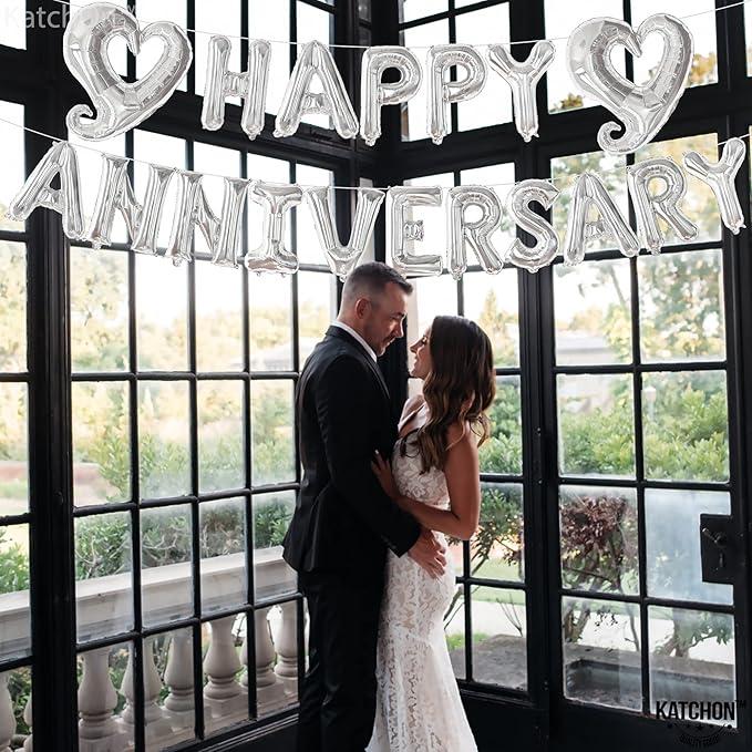 KatchOn, Silver Happy Anniversary Balloons Letters - Big, 18 Inch | Silver Happy Anniversary Balloon Banner | Heart Balloons