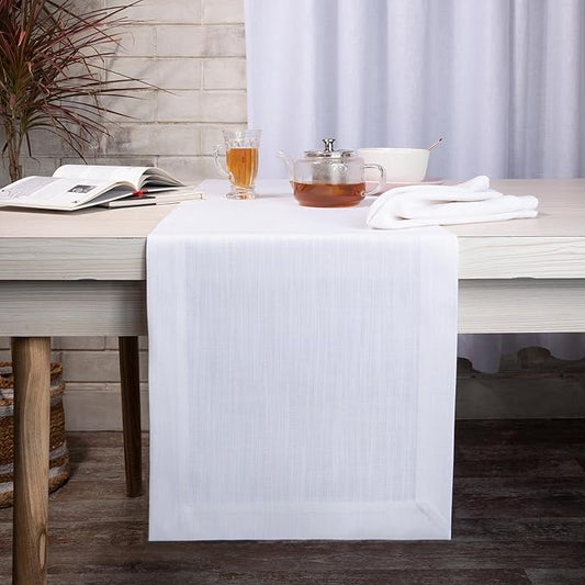 D'Moksha Homes Chambray Cream and White Table Runner 14 x 36 Inch - Faux Linen Table Runner - Wrinkle Resistant, Machine Washable Ideal for Dresser Tables, Christmas, Holiday - 100% Recycled Fabric
