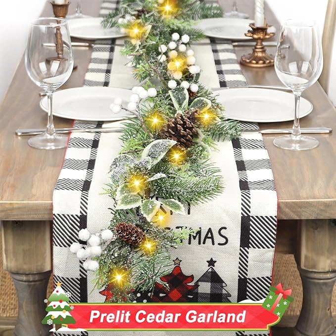 Artgar 6 Ft Christmas Garland, Pre-Lit Christmas Garland - Artificial Garland Christmas Decorations with 30 LED Lights Decorated with Pinecones, Berries for Mantels Dining Tables Porch Decor (White)