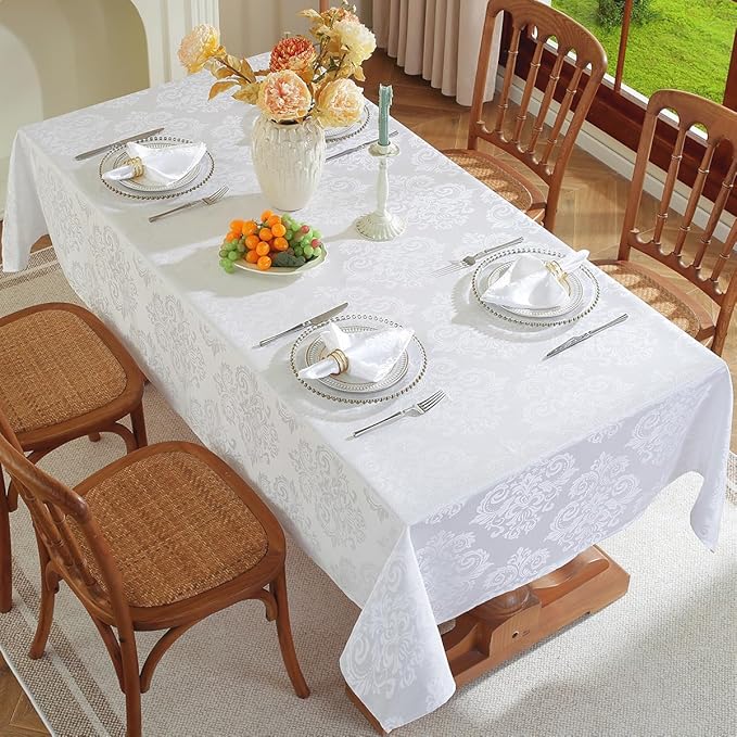 Damask White Tablecloth Rectangle 60 x 120 Inch, Floral Jacquard Spill Proof Wrinkle Free Polyester Table Cloth, Soft Table Cover for Dinner/Party/Indoor/Outdoor, Oblong 10-12 Seats