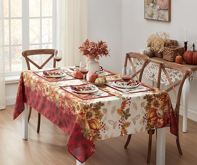 Newbridge Thanksgiving Autumns Bounty Bordered Fabric Tablecloth, 60 x 84 Inch Rectangle, Bountiful Farm Pumpkin Fall Harvest Multicolor Easy Care Table Cloth for Holiday Dining