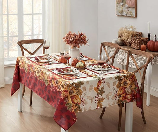 Newbridge Thanksgiving Autumns Bounty Bordered Fabric Tablecloth, 60 x 84 Inch Rectangle, Bountiful Farm Pumpkin Fall Harvest Multicolor Easy Care Table Cloth for Holiday Dining